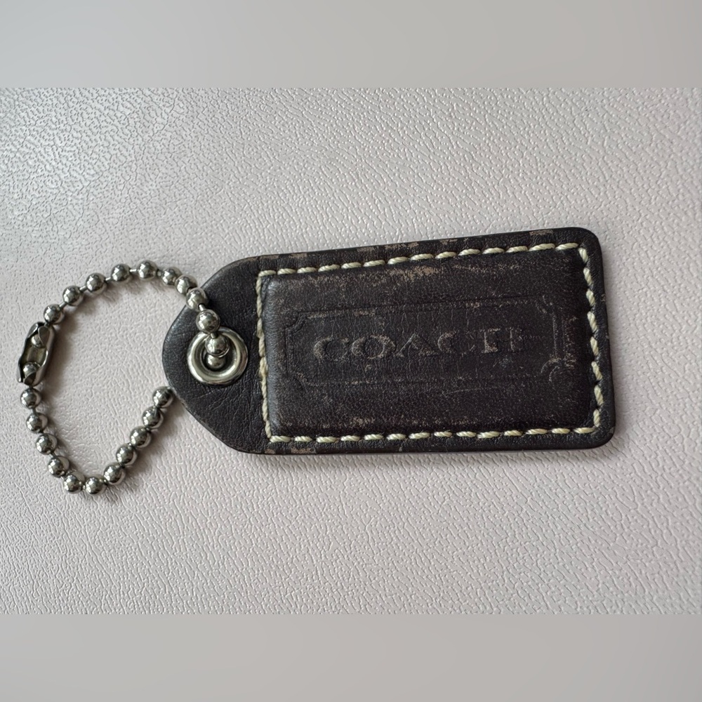 COACH Dark Brown Leather Textured Keychain Fob Bag Charm Hangtag